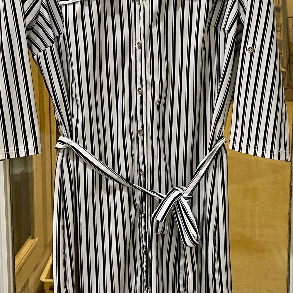 Mlle Gabrielle Black and White Striped Long Sleeve Dress